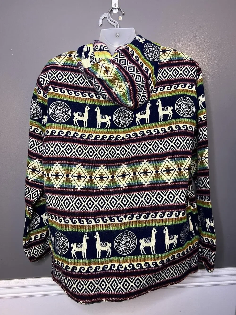 Llama Alpaca Sweater Mens XL Wool Blue Hooded Full Zip Knit Ecuador Tribal